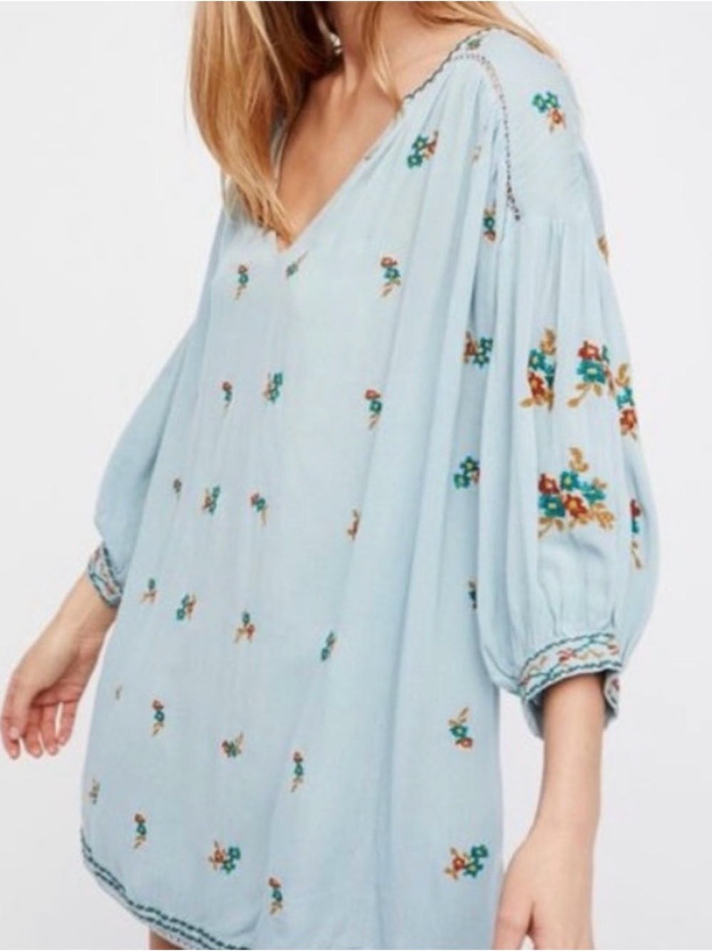 Free People Silvery Sky Blue Embroidered Peasant Tunic Lagenlook Dress Floral